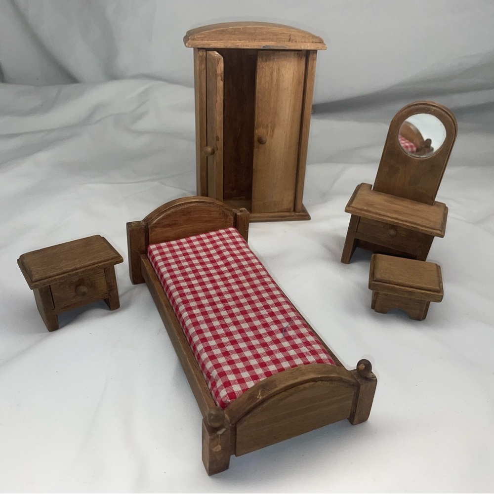 VINTAGE wooden dollhouse bedroom set